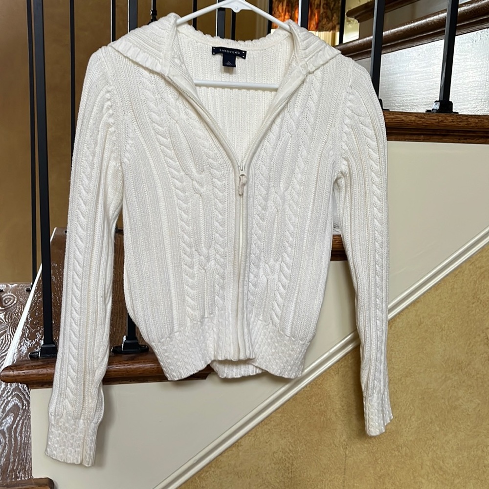 Lands’ End Cable Knit Cream Hooded Sweater - Medium